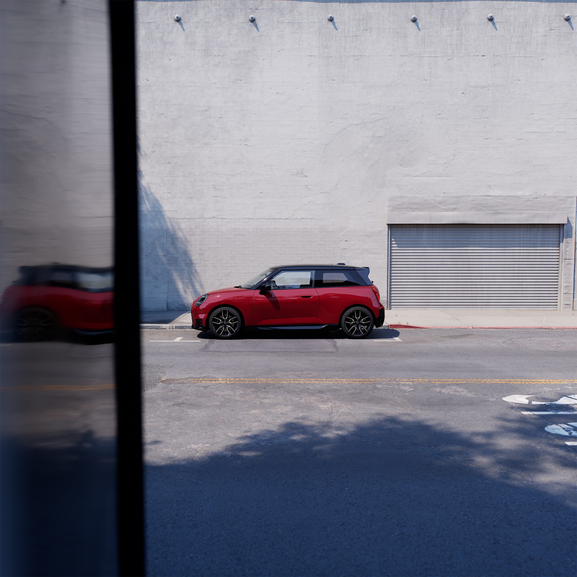 Frontal view of parking all-electric MINI Cooper in blue